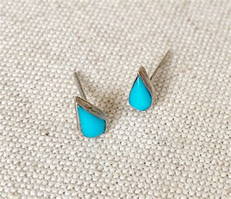 Tiny Turquoise Teardrop Earrings Vintage Native American Handmade