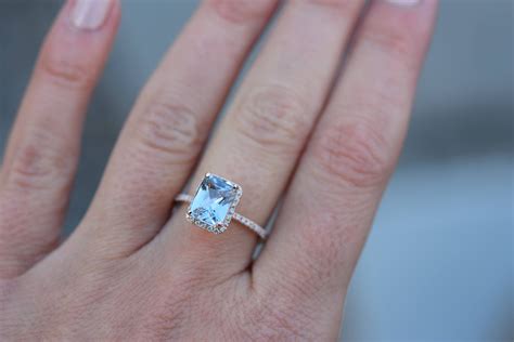 Plat Emerald Cut Engagement Ring Aqua Blue Sapphire Engagement Ring