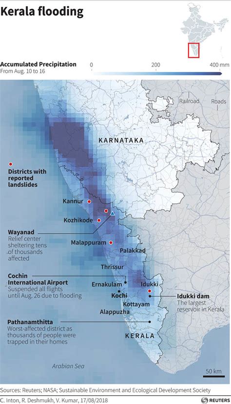 On 8 august 2019, due to heavy rainfall in the monsoon season, severe flood affected kerala. Kerala flood map: What caused the floods in southern India and when did they start? | World ...