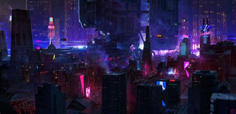 Neon Glow Cityscape Rain Bridge Dominiquevanvelsen City Cyberpunk
