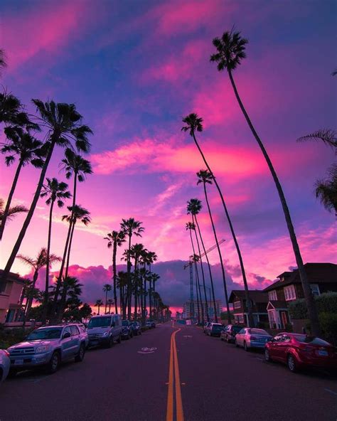 Palms Sunset Pink Sky Miami Florida Cars And Highway Sky Aesthetic