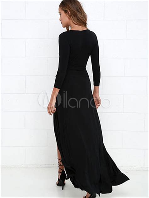 Women Maxi Dress 2018 Black High Split Long Sleeve V Neck Sexy Tea Dress