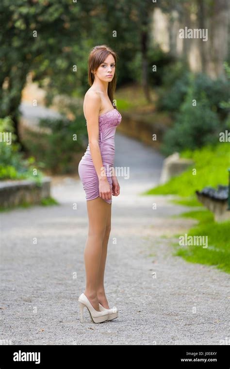 Elegant Model Teen Girl Female Standing Posing In Park Stiletto Pumps