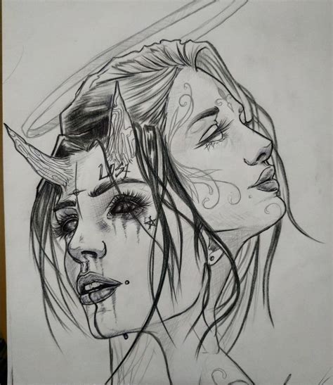 Angel And Demon Demon Drawings Angel Drawing Half Face Drawing