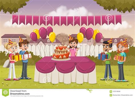 Cartoon Girl With Her Friends At A Birthday Party In The Backyard Of A