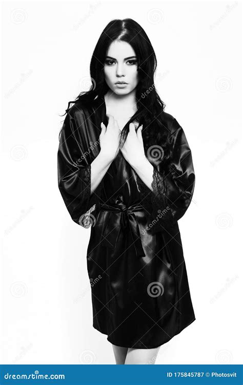 Girl Posing In Black Silk Robe Isolated On White Stock Image Image Of