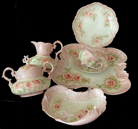 Vintage Roses Tea Set Hand Painted Embossed Porcelain Pink Cottage