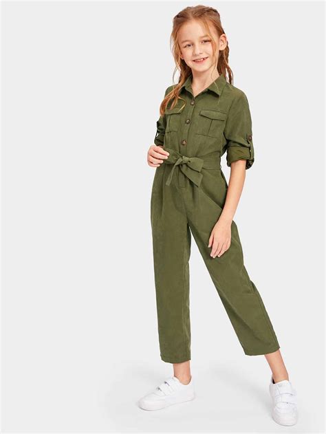 Girls Button And Pocket Front Belted Jumpsuit Shein Usa In 2020