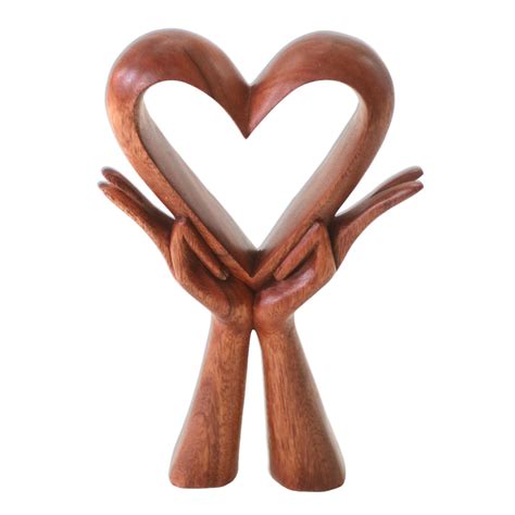 Signed Wood Sculpture Of Heart In Hands Giving Love Novica