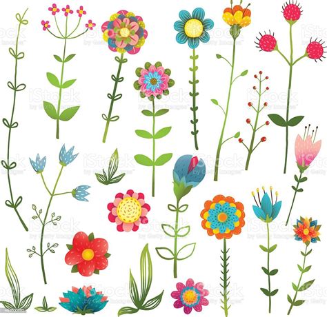 Colorful Cartoon Wild Flowers Isolated Collection Stock Vector Art