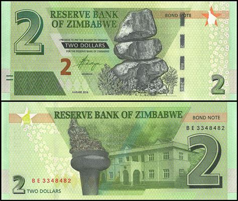 Zimbabwe 2 Dollars 2016 P 99 Unc Bond Note