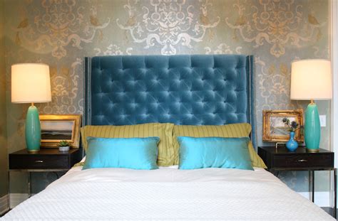 Turquoise Velvet Headboard Contemporary Bedroom Summer Thornton Design