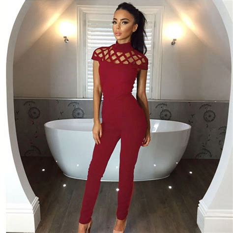 Womens Choker High Neck Caged Sleeve Playsuits Long Rompers Women