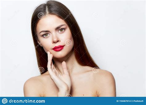 Girl Bare Shoulders Holds A Hand Near Faces Red Lips Attractive Look