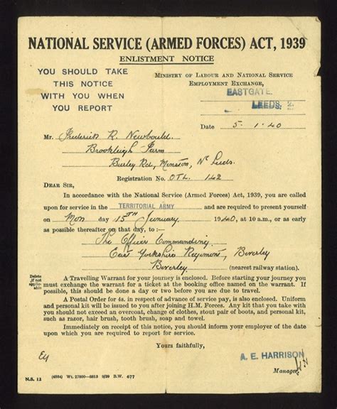 Army Form National Service Armed Forces Act 1939 Enlistment