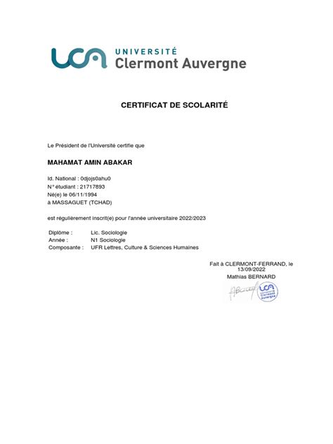 Certificat De Scolarité Zl118c 2022 2023 Mahamat Amin Abakar Pdf