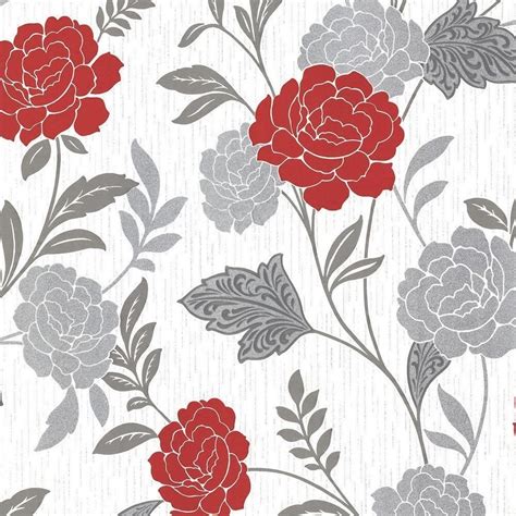Red White Silver Flower Floral Wallpaper Textured Vinyl Glitter Carla