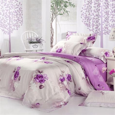 100 Tencel Fabric Purple Flower Bedding Set King Queen Size 4pcs Super