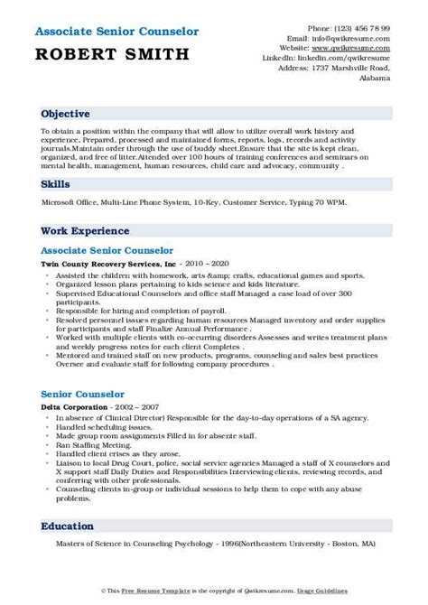 Senior Counselor Resume Samples Qwikresume