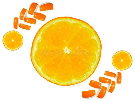 Half Sliced Oranges And Orange Peels Are Decorated On White Background