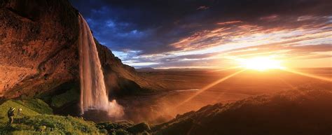 Panoramas Seljalandsfoss Waterfall Sunset Waterfall Iceland Cliff