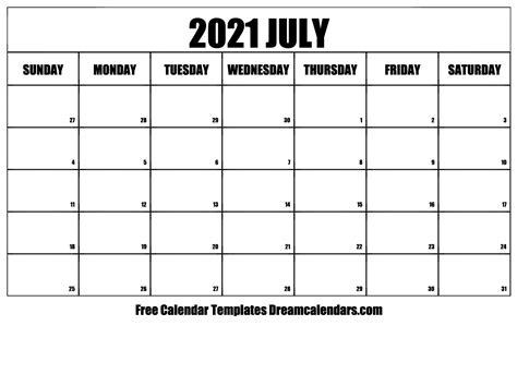 July 2021 Calendar Free Printable Calendar Templates July 2021