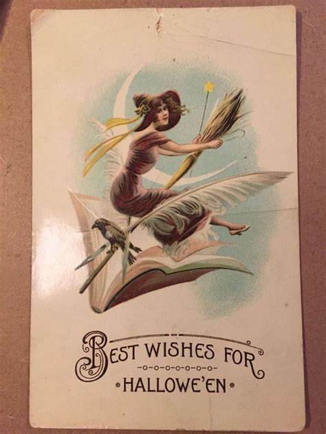 Vintage Halloween Postcard 1913 Beautiful Witch Moon Vintage