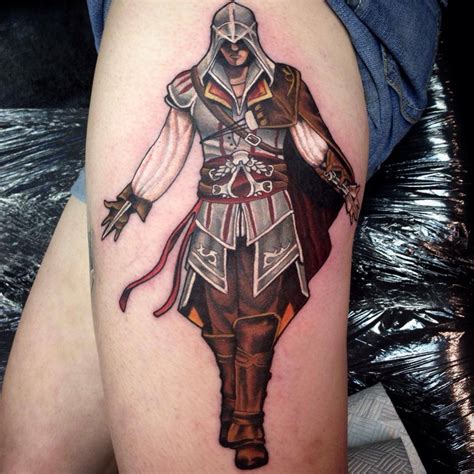 Black Ink Assassins Creed Tattoo On Thigh By Paul Priestley