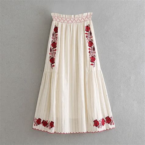 Bagomoto Summer Vintage Skirt Floral Embroidered Stripe High Waist