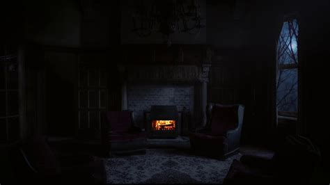 Creepy Halloween Room With Crackling Fireplace And Stormy Night Sounds
