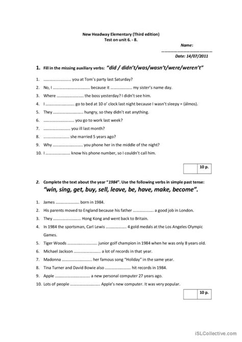 Test On Simple Past Tense English Esl Worksheets Pdf And Doc