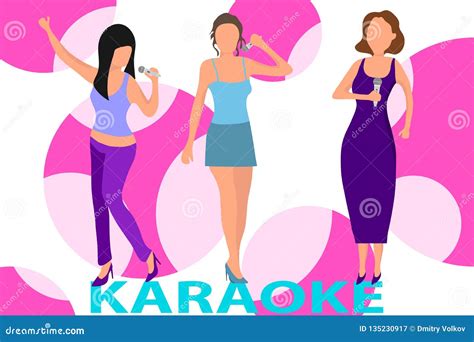 Female Musical Trio Women Sing Karaoke Three Women Hold A Microphone And Sing Karaoke Stock
