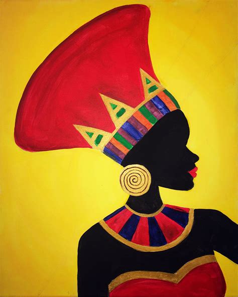 A Painting Of A Woman With A Red Hat On Top Of Her Head And Yellow