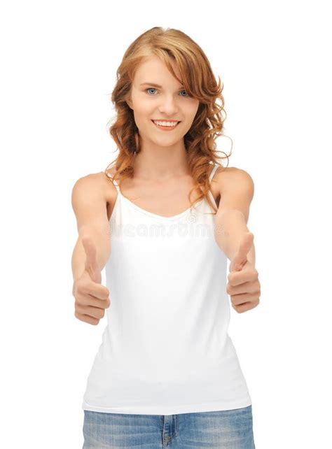 Teenage Girl In Blank White T Shirt With Thumbs Up Stock Photo Image