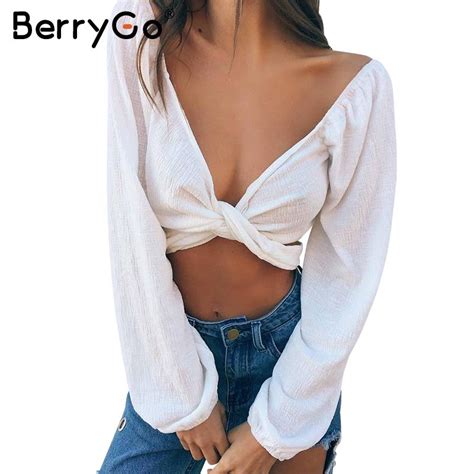 Berrygo Sexy V Neck Long Sleeve White Blouse Shirt Women Elegant Soft Sashes Crop Top Summer
