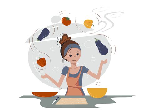 Cute Cartoon Woman Cooking Healthy Food On The Kitchen By Tatiana