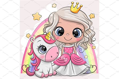Cartoon Princess And Unicorn Illustrations ~ Creative Market