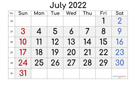 Printable July 2022 Calendar With Week Numbers