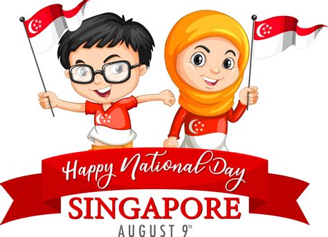 Singapore National Day With Children Hold Singapore Flag Cartoon