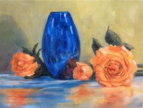 Daily Painting Projects Orange Roses And Blue Oil Painting Still Life Art Flowers Vase Urn Vessel