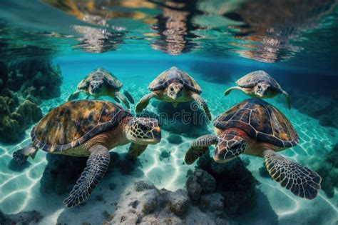 Group Of Sea Turtles Swimming Close Together In Shallow Waters Stock