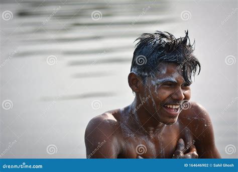 Indian Village Boy Bathing In The River On Morning Editorial