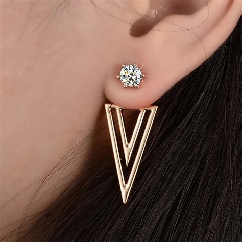 Elegant Gold Color Bling Zircon Triangle Ear Cuff Earrings Double Side