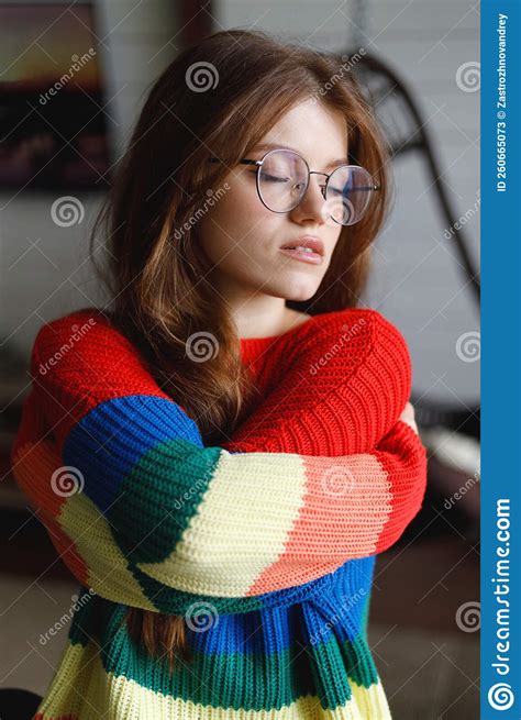 Sad And Lonely Woman Hugging Herself Exhaustion And Pain Stock Image