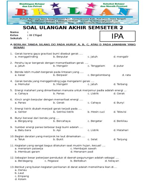 Cuplikan soal kelas 8 : Soal Uas Ipa Kelas 3 Sd Semester 1 Dan Kunci Jawaban ...