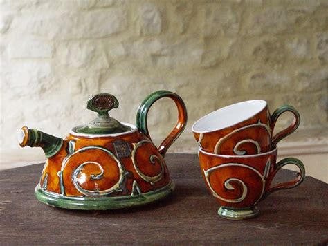 Handmade Pottery Tea Or Coffee Set With Orange Hand Painted Decoration