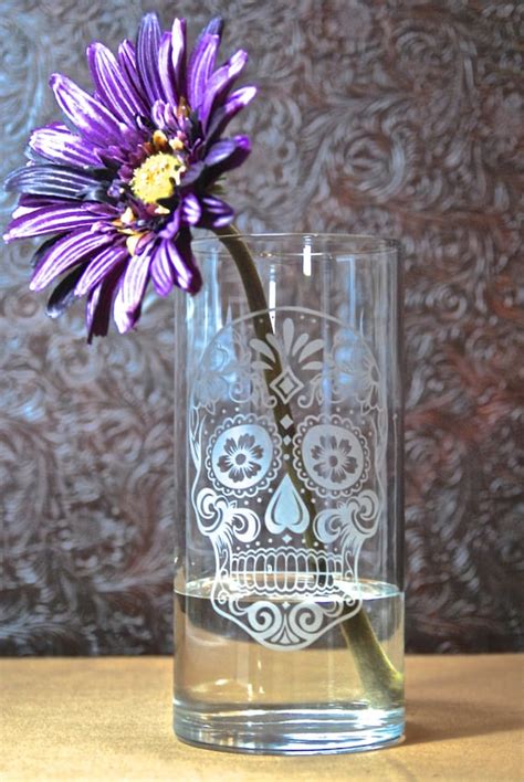 Sugar Skull Vase Glass Etched Vase Day Of The Dead