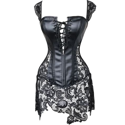 New Faux Leather Lace Embellished Steampunk Corset With Lace Skirt Sexy