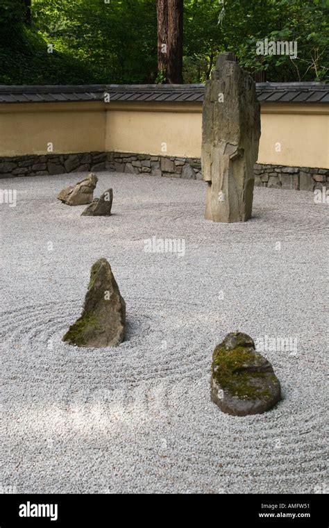 Traditional Zen Garden With Stones Raked Sand At The Portland Japanese