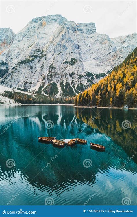 Autumn Landscape Of Lago Di Braies Lake In Italia Stock Image Image
